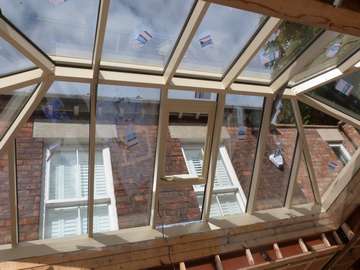 Lancashire Kitchens : Bolton : Close up photo of our new ATS Roof Lantern. Note Slimline profiles - Internal Ridge and Rafter only 40mm . Glazed with with .7 triple glazing giving overal Glass and rafter U Value .95